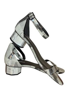 Vaneli striped sandals women 10, grey black white, round block heel, ankle strap